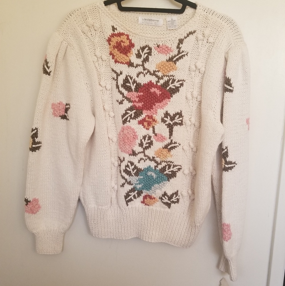 Vintage Floral Hand Knitted Liz Claiborne Sweater